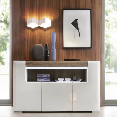 The Range Toronto 3 Door Sideboard with open shelving (inc. Plexi Lighting) - White & Oak