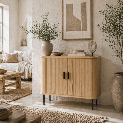 The Range Ronoke Oak-Effect Mid-Century Sideboard - Slatted Sliding Doors, Black Metal Legs