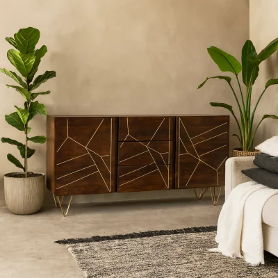 The Range Bandung Sideboard Dark Mango Wood with Gold Inlays 3 Drawers 2 Doors - Brown