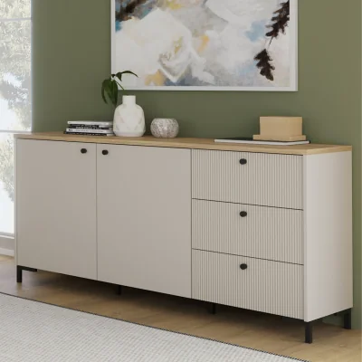 The Range Bixbite Wide Sideboard with Fluted Drawers & Cupboard in Mauvella Oak and Sand - Mauvella Oak & Sand
