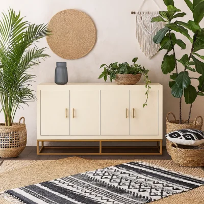 The Range Ubatuba Shagreen 4 Door Sideboard with Brushed Brass Base - Cream