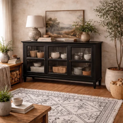 The Range Honley Matt Wood Sideboard with 3 Glass Doors - Black