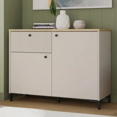 The Range Bixbite Sideboard with Fluted Detail, Drawer & Cupboard in Mauvella Oak and Sand - Mauvella Oak & Sand