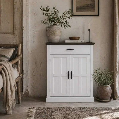 The Range Marina Colu White Farmhouse Sideboard - Twin Barn Doors and Drawer