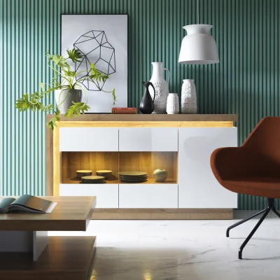 The Range Lyon 3 Door Glazed Sideboard in Riviera Oak/White High Gloss - Oak