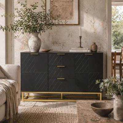 The Range Varase Black Sideboard 3 Drawers 2 Doors, Gold-Tone Accents