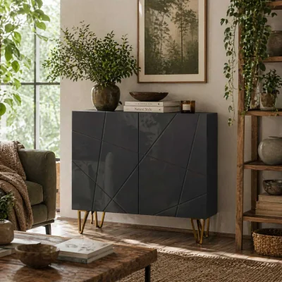 The Range Diro High Gloss Black Geometric Pattern Sideboard, Gold Hairpin Legs