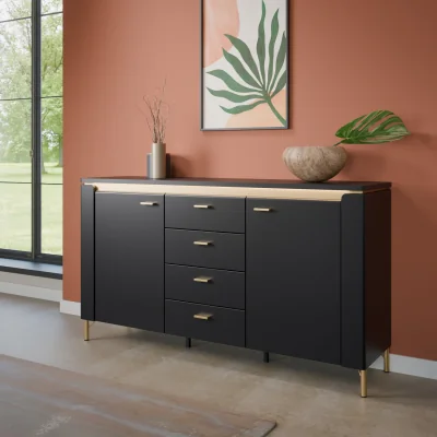 The Range Genoa Sideboard 2 Door 4 Drawer in Black Matt/Gold - Black & Gold