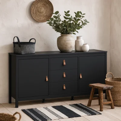 The Range Wildberry Matt Sideboard 2 Doors 3 Drawers Leather Handles - Black