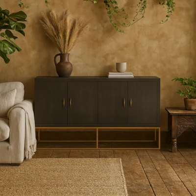 The Range Sando Retro Four Door Sideboard in Shagreen with Brushed Brass Base - Brown