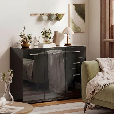 The Range HOMCOM Sideboard Kitchen Storage Cabinet with 2 Drawers - High Gloss Black / Particle Board / 24.5kg