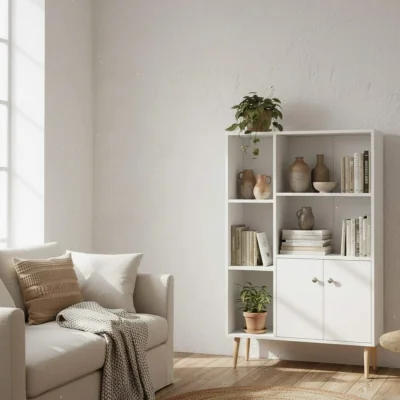 The Range Toralesa Wood White Sideboard Bookcase with 2 Doors and 5 Storage Compartments