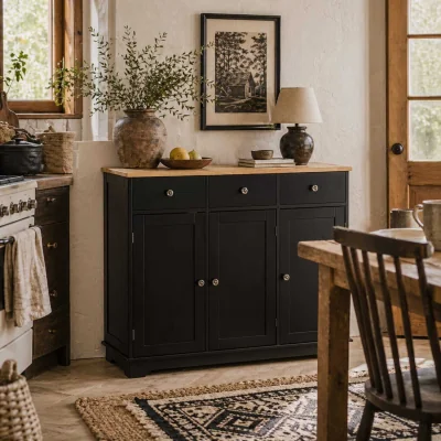 The Range Totoro Sideboard - Black Body with Natural Rubberwood Top, 3 Doors 3 Drawers