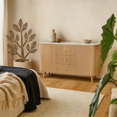 The Range Boston Natural Sideboard with Marble Top 3 Drawers and 2 Doors - Brown