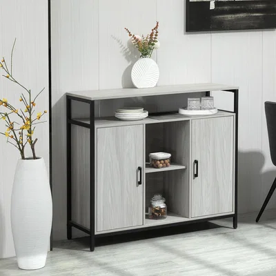 The Range Modern Sideboard, Steel Frame Storage Cabinet with 2 Doors - Light Grey