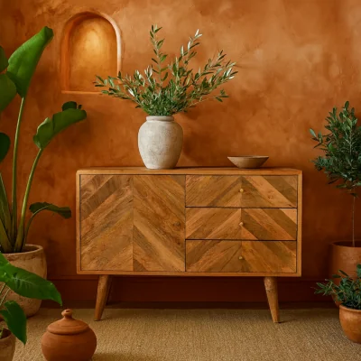 The Range Dozza Geometric Carved Mango Wood 3 Drawer Sideboard - Brown