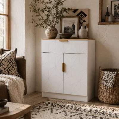 The Range Rilosa White Geometric Sideboard Natural Top - Drawer and 2 Doors