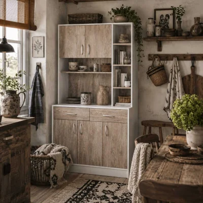 The Range Dosefa Mita White and Natural Wood-Effect Kitchen Sideboard with Drawers and Adjustable Shelves