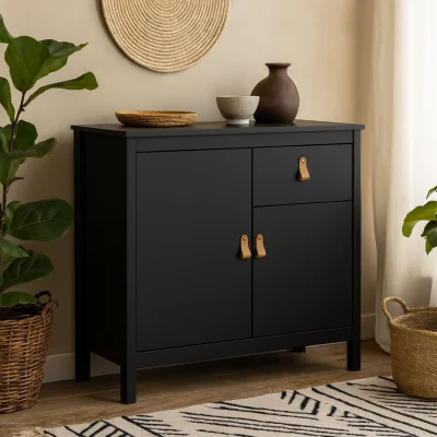 The Range Wildberry Sideboard Matt 2 Doors 1 Drawer Leather Tab Handles - Black