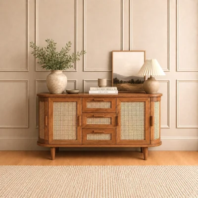 The Range Solid Mango Wood Sideboard Buffet Cabinet with Cane Doors & Drawers - Dark Oak