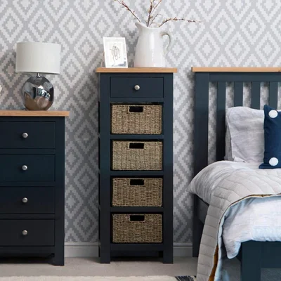 Chiltern Oak Furniture Salisbury Blue Painted Oak 5 Drawer Tallboy with Wicker Baskets