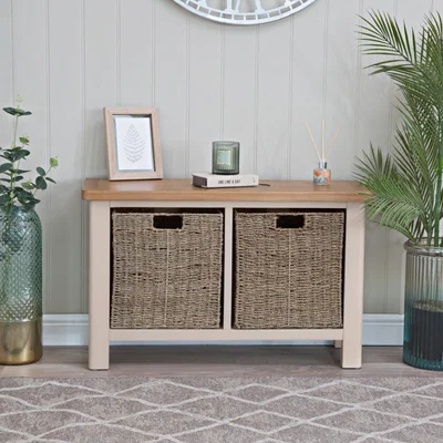 Chiltern Oak Furniture Rutland Painted Oak Hall Bench with Wicker Baskets