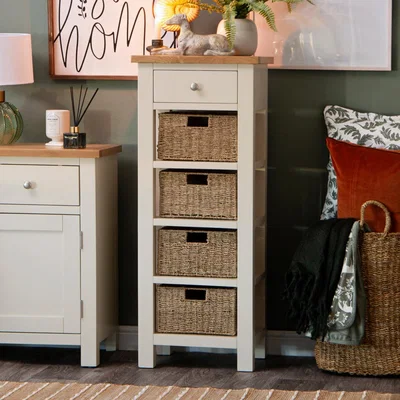 Chiltern Oak Furniture Salisbury Ivory Painted Oak 5 Drawer Tallboy with Wicker Baskets