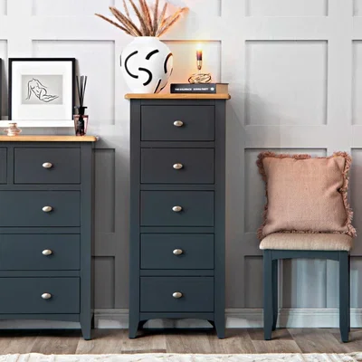 Chiltern Oak Furniture Gloucester Midnight Grey Painted 5 Drawer Tallboy