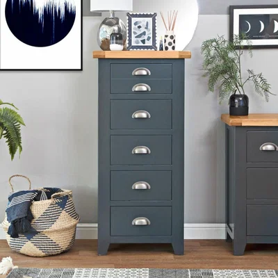 Chiltern Oak Furniture Hampshire Blue Painted Oak 5 Drawer Tallboy