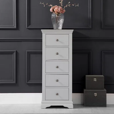 Chiltern Oak Furniture Florence Grey Painted 5 Drawer Tallboy