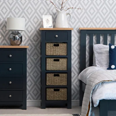 Chiltern Oak Furniture Salisbury Blue Painted Oak 5 Drawer Tallboy with Wicker Baskets