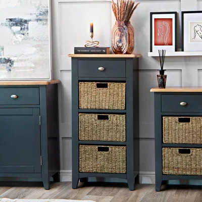 Chiltern Oak Furniture Gloucester Midnight Grey Painted 1 Drawer 3 Wicker Basket Cabinet