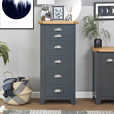 Chiltern Oak Furniture Hampshire Blue Painted Oak 5 Drawer Tallboy