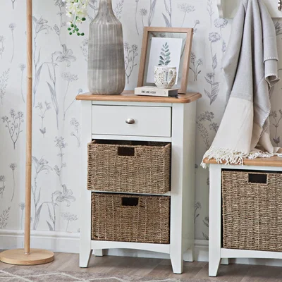 Chiltern Oak Furniture Gloucester White Painted 1 Drawer 2 Wicker Basket Cabinet