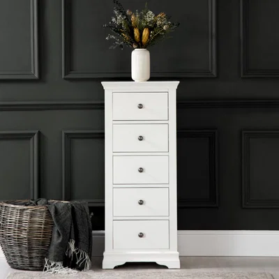Chiltern Oak Furniture Florence White Painted 5 Drawer Tallboy