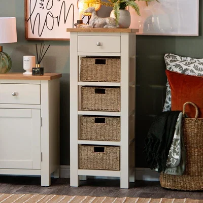 Chiltern Oak Furniture Salisbury Ivory Painted Oak 5 Drawer Tallboy with Wicker Baskets