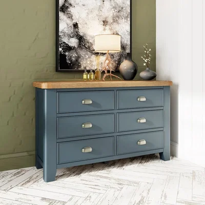 Chiltern Oak Furniture Wessex Smoked Oak Blue Painted Chest of 6 Drawers