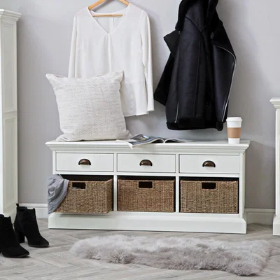 Chiltern Oak Furniture Monaco White Wicker 3 Drawer 3 Wicker Basket Hall Bench