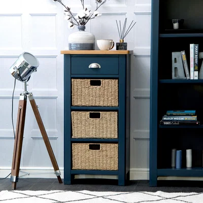 Chiltern Oak Furniture Rutland Blue Painted Oak 1 Drawer 3 Wicker Basket Cabinet