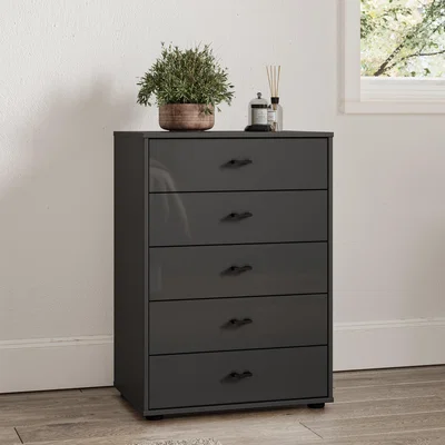 Dunelm Kahla Glass Fronted Small 5 Drawer Chest Graphite (Grey)