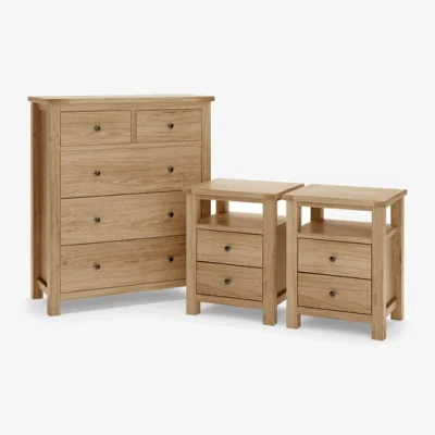 Dunelm Olney Oak 5 Drawer Chest and Bedside Tables Bundle