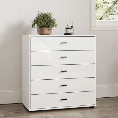 Dunelm Kahla Glass Fronted Large 5 Drawer Chest Off-White
