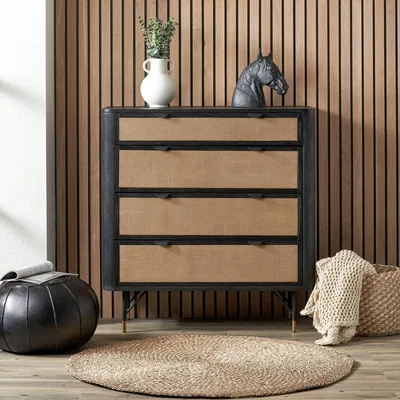 Dunelm Fiji 4 Drawer Chest, Acacia Wood and Rattan Black