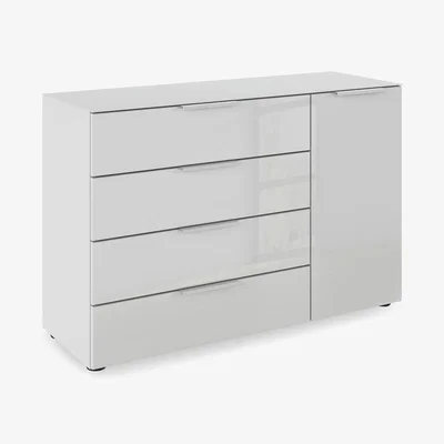 Furniture Village Rauch - Haven 4 Drawer 1 Door Glass Chest with Glass Top and Front - Silk Grey/Silk Grey Front