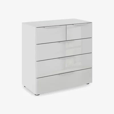 Furniture Village Rauch - Haven 3+2 Drawer Chest with Glass Top and Front - Silk Grey/Silk Grey Front