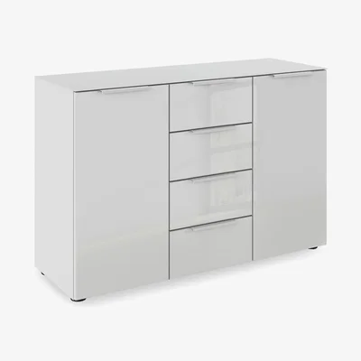 Furniture Village Rauch - Haven 4 Drawer 2 Door Glass Chest with Glass Top and Front - Silk Grey/Silk Grey Front