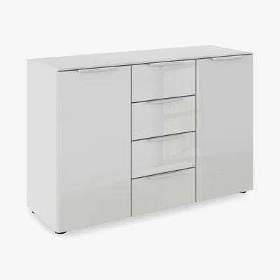 Furniture Village Rauch - Haven 4 Drawer 2 Door Décor Chest with Glass Front - Silk Grey/Silk Grey Front