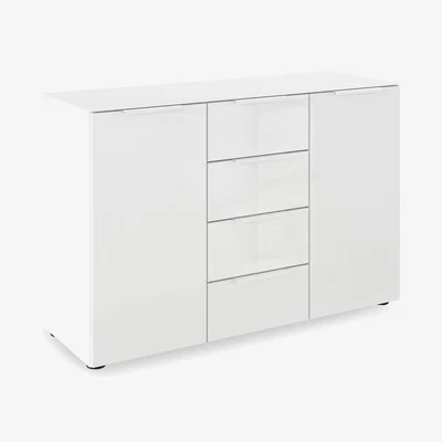 Furniture Village Rauch - Haven 4 Drawer 2 Door Glass Chest with Glass Top and Front - Alpine White