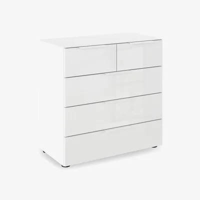 Furniture Village Rauch - Haven 3+2 Drawer Chest with Glass Top and Front - Alpine White