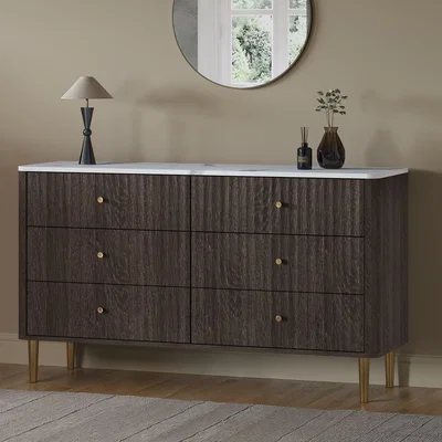 Furniture123 Wide Dark Wood Marble Top Fluted Chest of 6 Drawers - Lucia